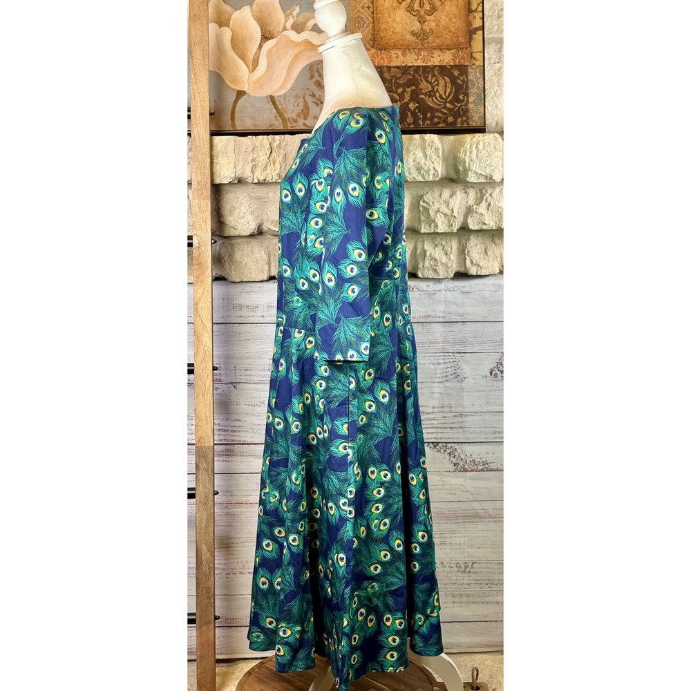 TopVintage Boutique Peacock Feather Print Swing Dress Green Blue 3XL Pockets - Picture 9 of 14